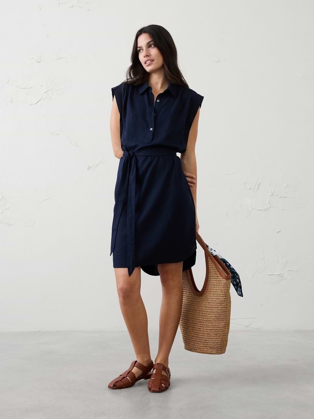 Banana Republic Linen Blend Knee Legnth Shirt Dress Women's Large Navy Blue